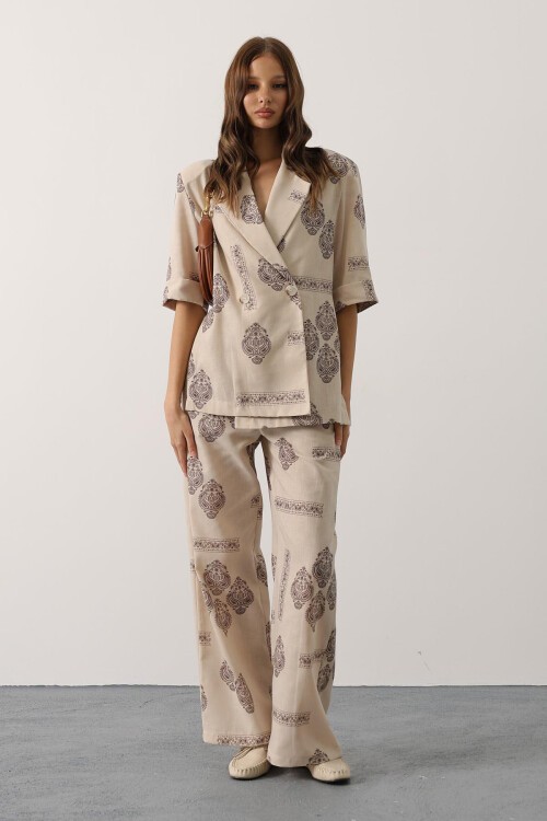 Ekru Etnik Desenli Oversize İkili Takım