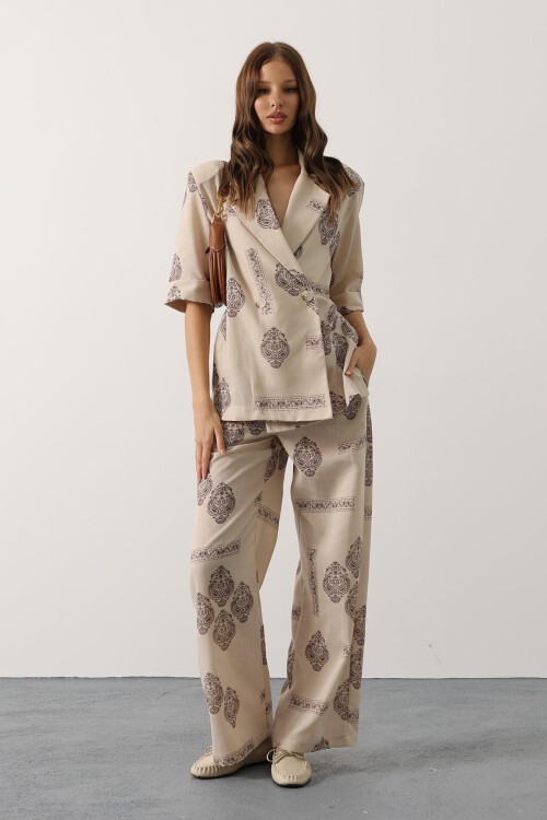 Ekru Etnik Desenli Oversize İkili Takım
