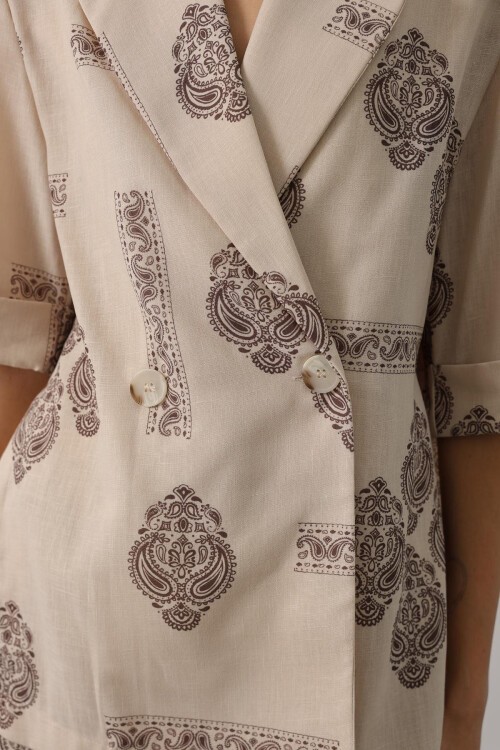 Ekru Etnik Desenli Oversize İkili Takım