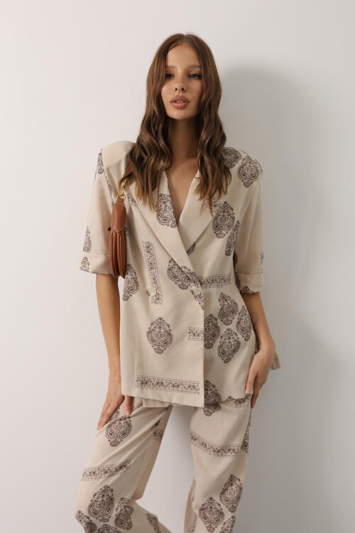 Ekru Etnik Desenli Oversize İkili Takım