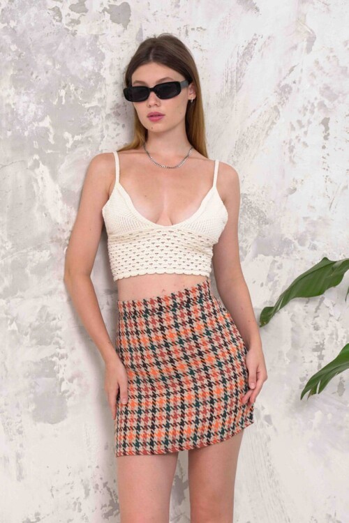 Turuncu Fermuar Kapamalı Kazayağı Desenli Mini Etek