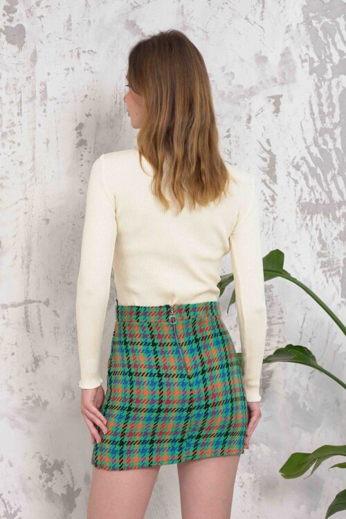 Yeşil Fermuar Kapamalı Kazayağı Desenli Mini Etek