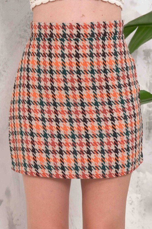 Turuncu Fermuar Kapamalı Kazayağı Desenli Mini Etek