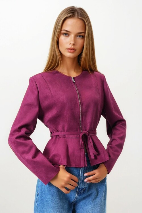 Bordo Fermuarlı Bisiklet Yaka Süet Görünümlü Kemer Bağlamalı Kısa Ceket