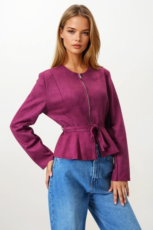 Bordo Fermuarlı Bisiklet Yaka Süet Görünümlü Kemer Bağlamalı Kısa Ceket