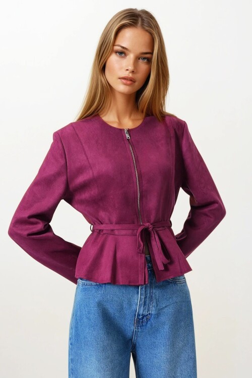 Bordo Fermuarlı Bisiklet Yaka Süet Görünümlü Kemer Bağlamalı Kısa Ceket