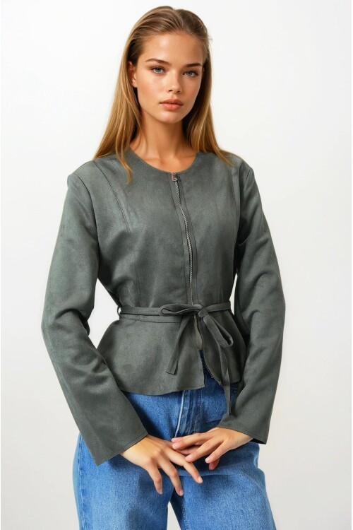 Haki Fermuarlı Bisiklet Yaka Süet Görünümlü Kemer Bağlamalı Kısa Ceket