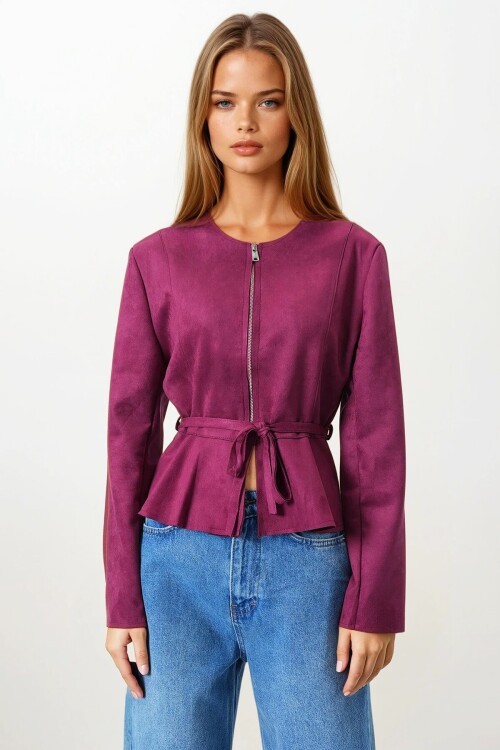 Bordo Fermuarlı Bisiklet Yaka Süet Görünümlü Kemer Bağlamalı Kısa Ceket