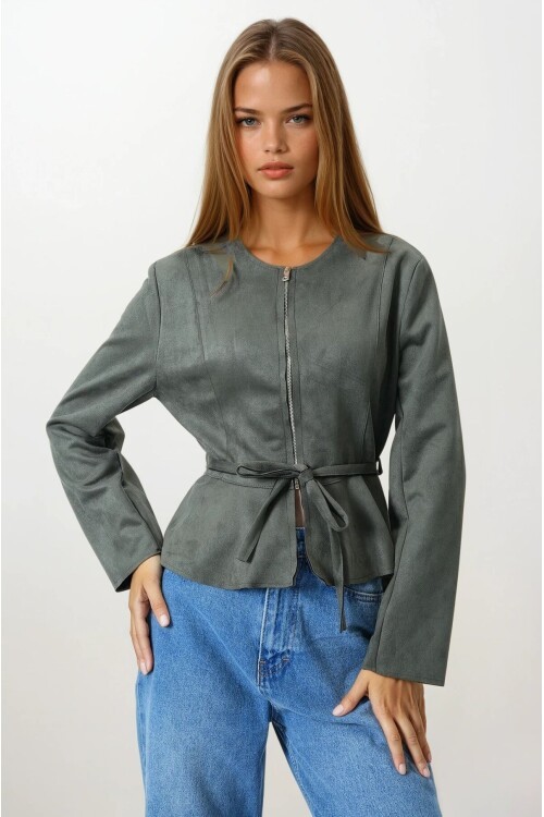 Haki Fermuarlı Bisiklet Yaka Süet Görünümlü Kemer Bağlamalı Kısa Ceket