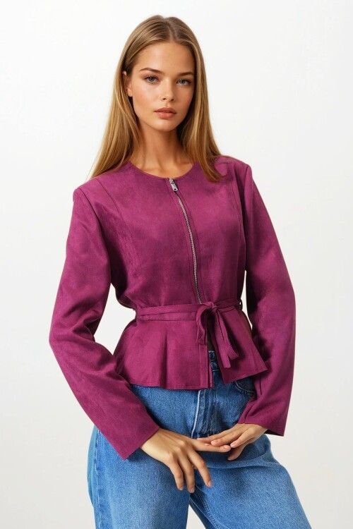 Bordo Fermuarlı Bisiklet Yaka Süet Görünümlü Kemer Bağlamalı Kısa Ceket