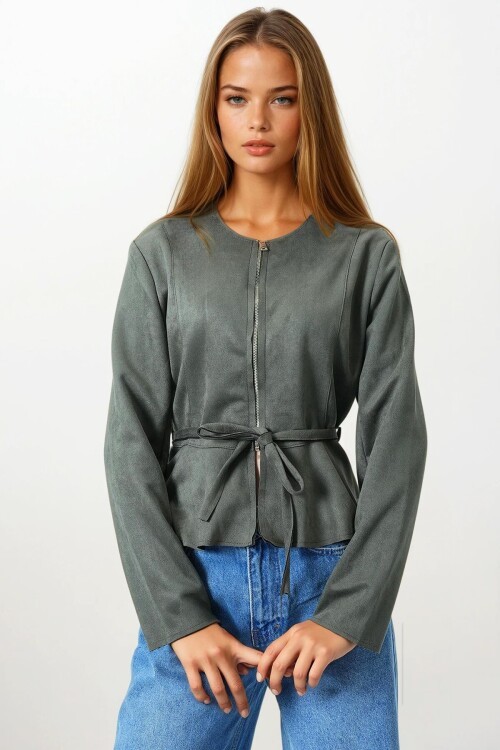 Haki Fermuarlı Bisiklet Yaka Süet Görünümlü Kemer Bağlamalı Kısa Ceket