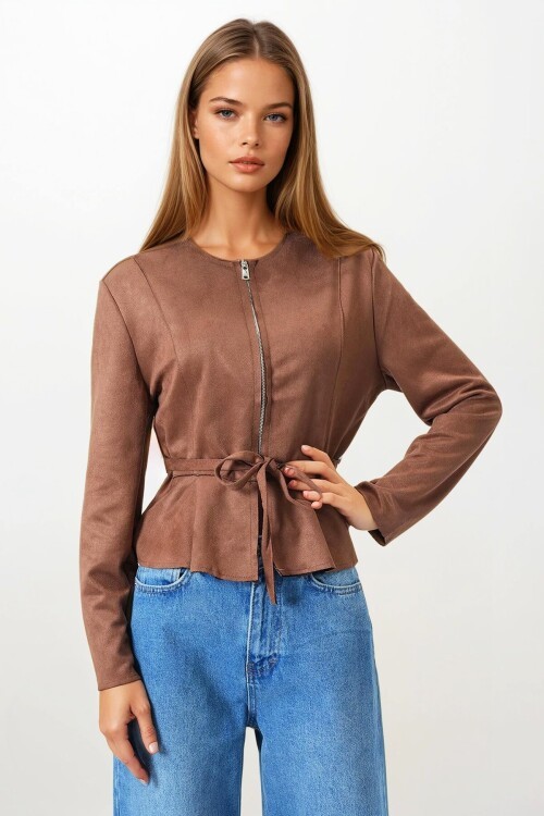Taba Fermuarlı Bisiklet Yaka Süet Görünümlü Kemer Bağlamalı Kısa Ceket