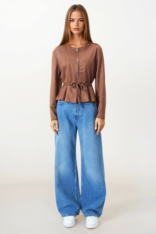 Taba Fermuarlı Bisiklet Yaka Süet Görünümlü Kemer Bağlamalı Kısa Ceket