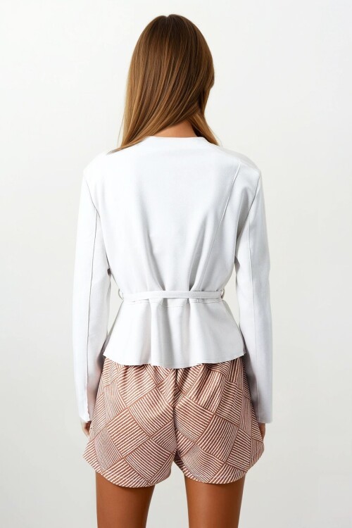 Taş Fermuarlı Bisiklet Yaka Süet Görünümlü Kemer Bağlamalı Kısa Ceket