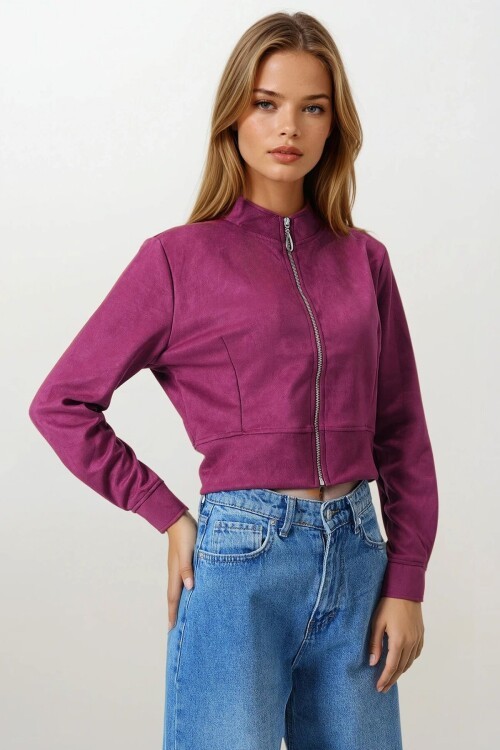 Bordo Fermuarlı Hakim Yaka Süet Dokulu Kısa Ceket