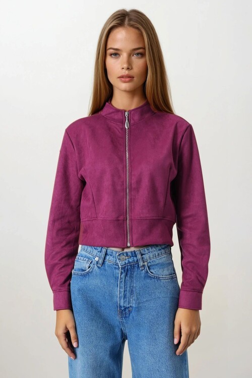 Bordo Fermuarlı Hakim Yaka Süet Dokulu Kısa Ceket