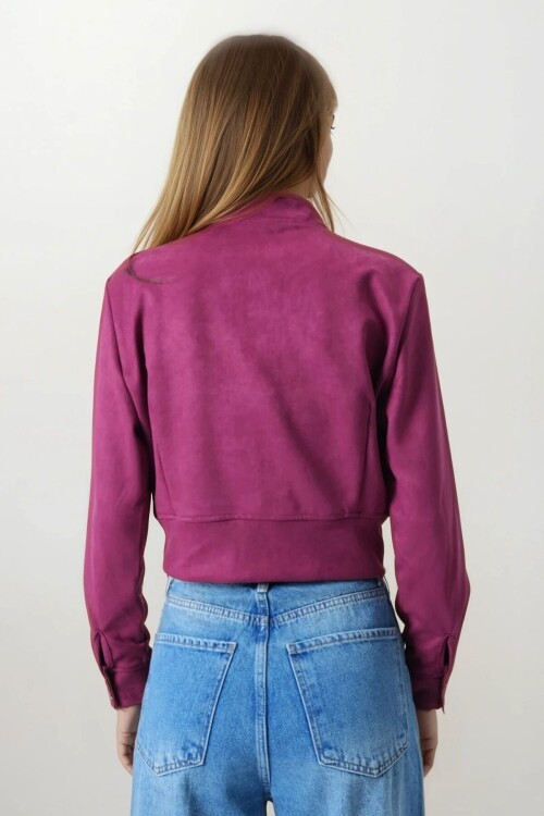 Bordo Fermuarlı Hakim Yaka Süet Dokulu Kısa Ceket