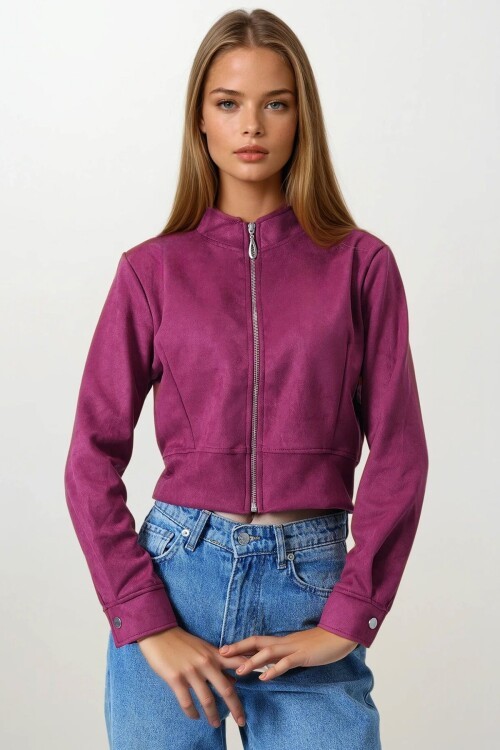 Bordo Fermuarlı Hakim Yaka Süet Dokulu Kısa Ceket