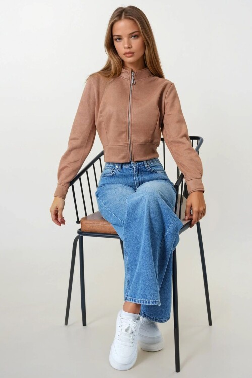 Taba Fermuarlı Hakim Yaka Süet Dokulu Kısa Ceket