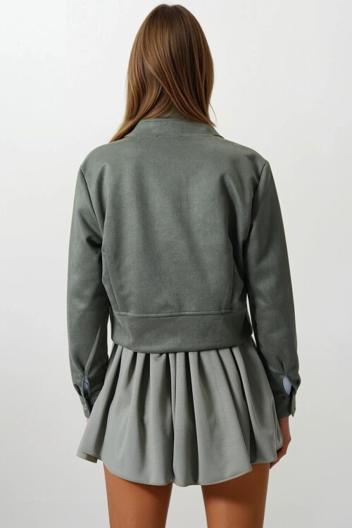 Haki Fermuarlı Hakim Yaka Süet Dokulu Kısa Ceket