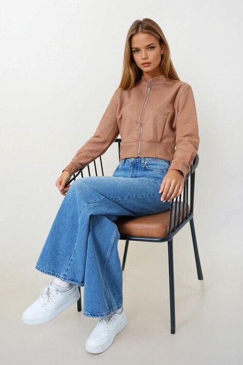 Taba Fermuarlı Hakim Yaka Süet Dokulu Kısa Ceket