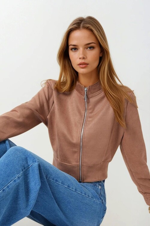 Taba Fermuarlı Hakim Yaka Süet Dokulu Kısa Ceket