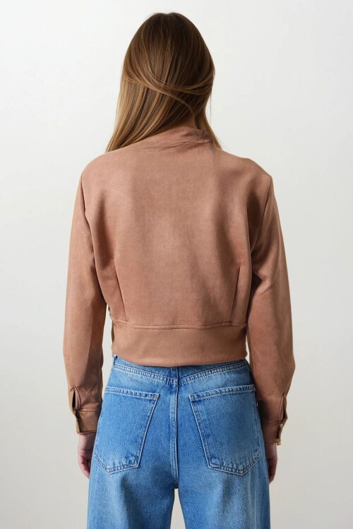 Taba Fermuarlı Hakim Yaka Süet Dokulu Kısa Ceket