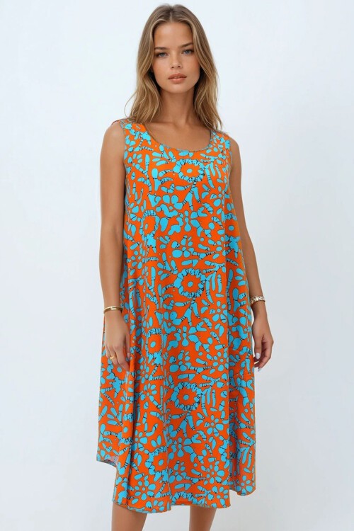 Gök Mavisi Kolsuz Rahat Kesim Desenli Elbise