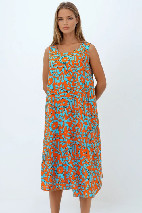 Gök Mavisi Kolsuz Rahat Kesim Desenli Elbise