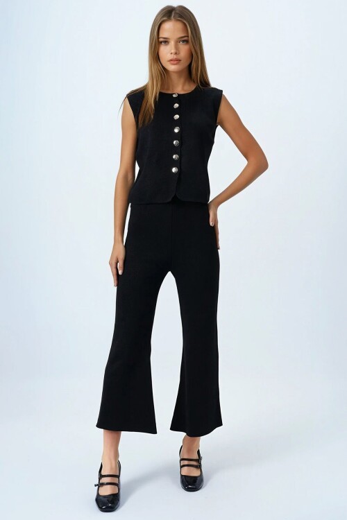 Siyah Gold Düğme Detaylı Bluz Ve Beli Lastikli Palazzo Pantolon Triko Takım