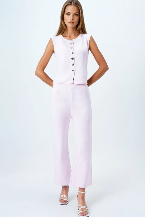 Pembe Gold Düğme Detaylı Bluz Ve Beli Lastikli Palazzo Pantolon Triko Takım