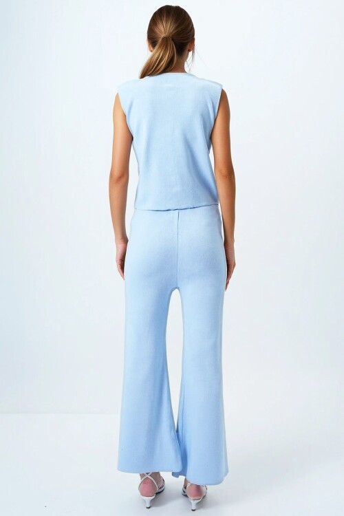 Bebe Mavi Gold Düğme Detaylı Bluz Ve Beli Lastikli Palazzo Pantolon Triko Takım