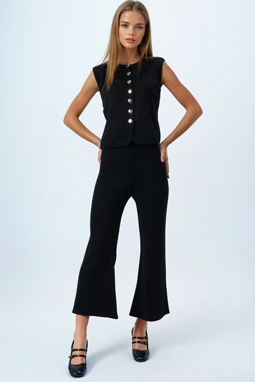 Siyah Gold Düğme Detaylı Bluz Ve Beli Lastikli Palazzo Pantolon Triko Takım