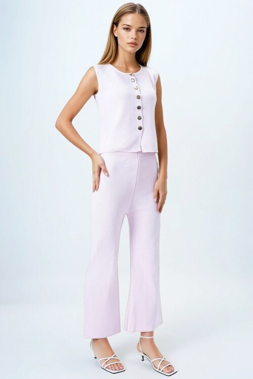 Pembe Gold Düğme Detaylı Bluz Ve Beli Lastikli Palazzo Pantolon Triko Takım