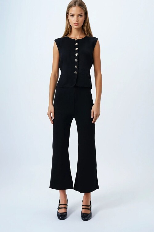 Siyah Gold Düğme Detaylı Bluz Ve Beli Lastikli Palazzo Pantolon Triko Takım