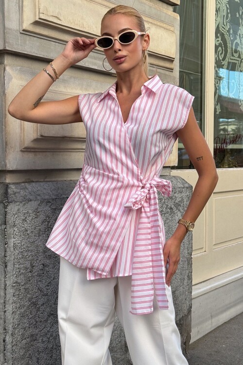 Pembe Gömlek Yaka Bağlama Detaylı Çizgili Bluz