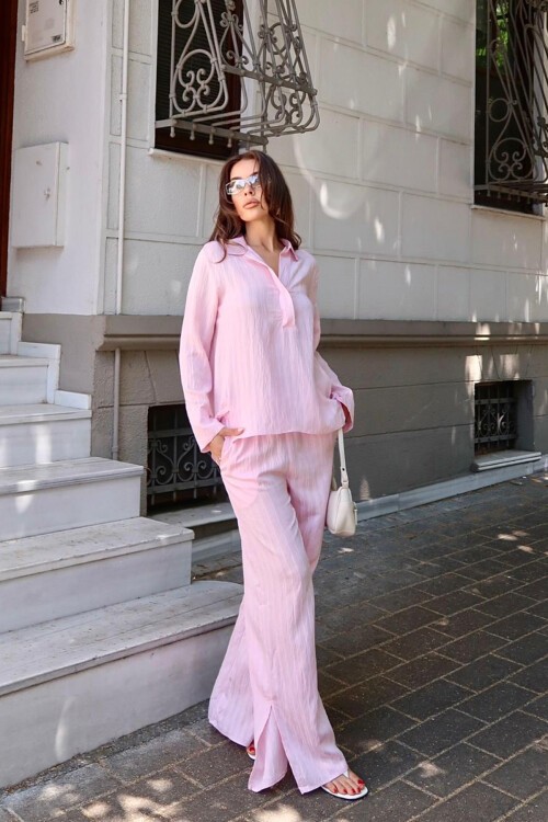 Pembe Gömlek Yaka Bürümcük Alt Üst Takım