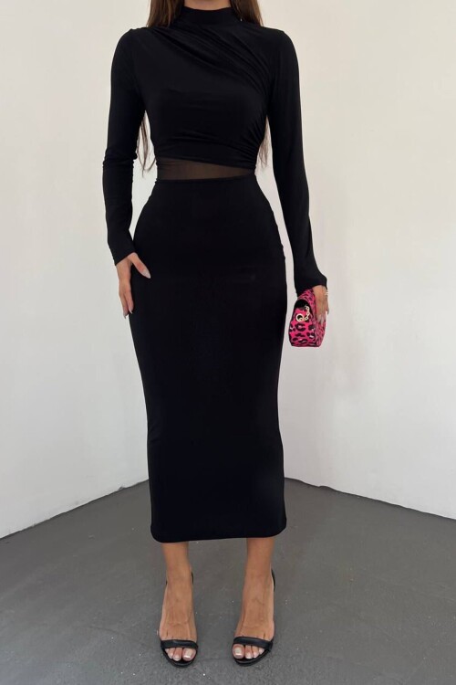 Siyah Hakim Yaka Drape Detaylı Transparan Elbise