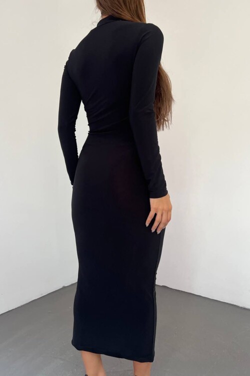 Siyah Hakim Yaka Drape Detaylı Transparan Elbise