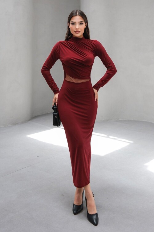 Bordo Hakim Yaka Drape Detaylı Transparan Elbise