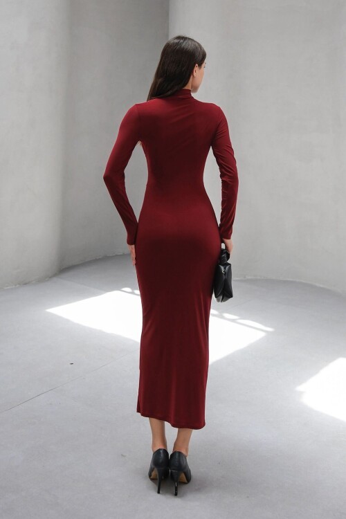 Bordo Hakim Yaka Drape Detaylı Transparan Elbise