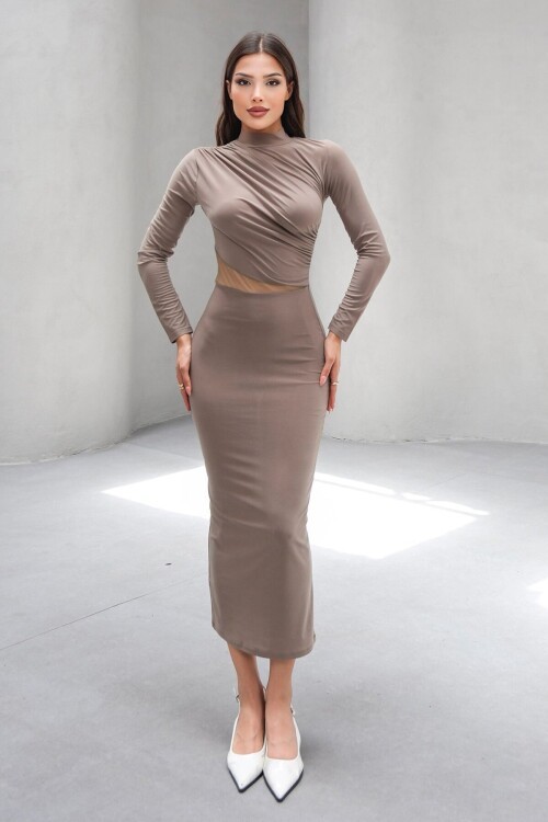 Bej Hakim Yaka Drape Detaylı Transparan Elbise