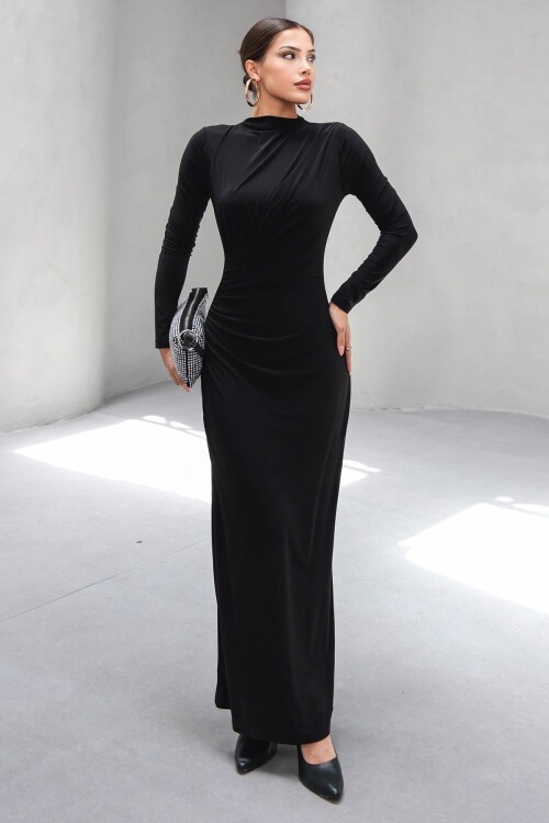 Siyah Hakim Yaka Drape Detaylı Uzun Astarlı Elbise