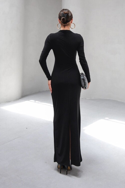 Siyah Hakim Yaka Drape Detaylı Uzun Astarlı Elbise