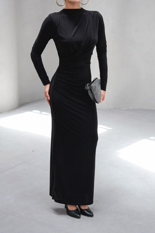 Siyah Hakim Yaka Drape Detaylı Uzun Astarlı Elbise