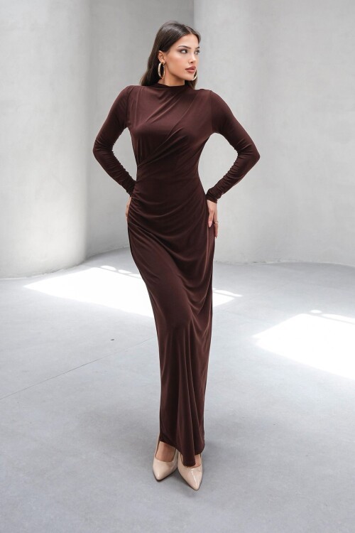 Acı Kahve Hakim Yaka Drape Detaylı Astarlı Uzun Elbise