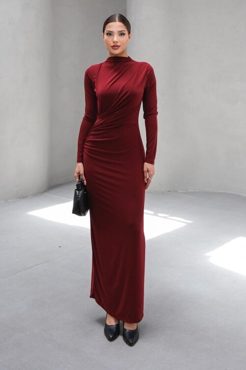 Bordo Hakim Yaka Drape Detaylı Astarlı Uzun Elbise