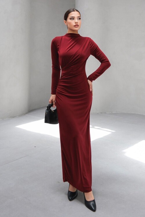 Bordo Hakim Yaka Drape Detaylı Astarlı Uzun Elbise