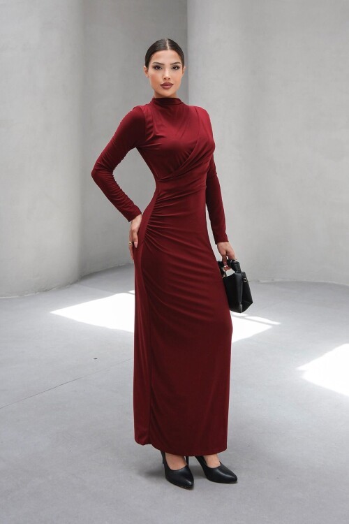 Bordo Hakim Yaka Drape Detaylı Astarlı Uzun Elbise