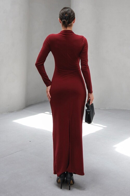 Bordo Hakim Yaka Drape Detaylı Astarlı Uzun Elbise